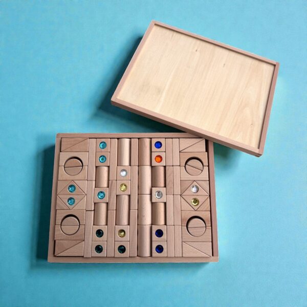 128 Piece Solid Beech Wood Gemstone Building Block Set with Wooden Storage Box and Lid Open Ended Construction - Image 2