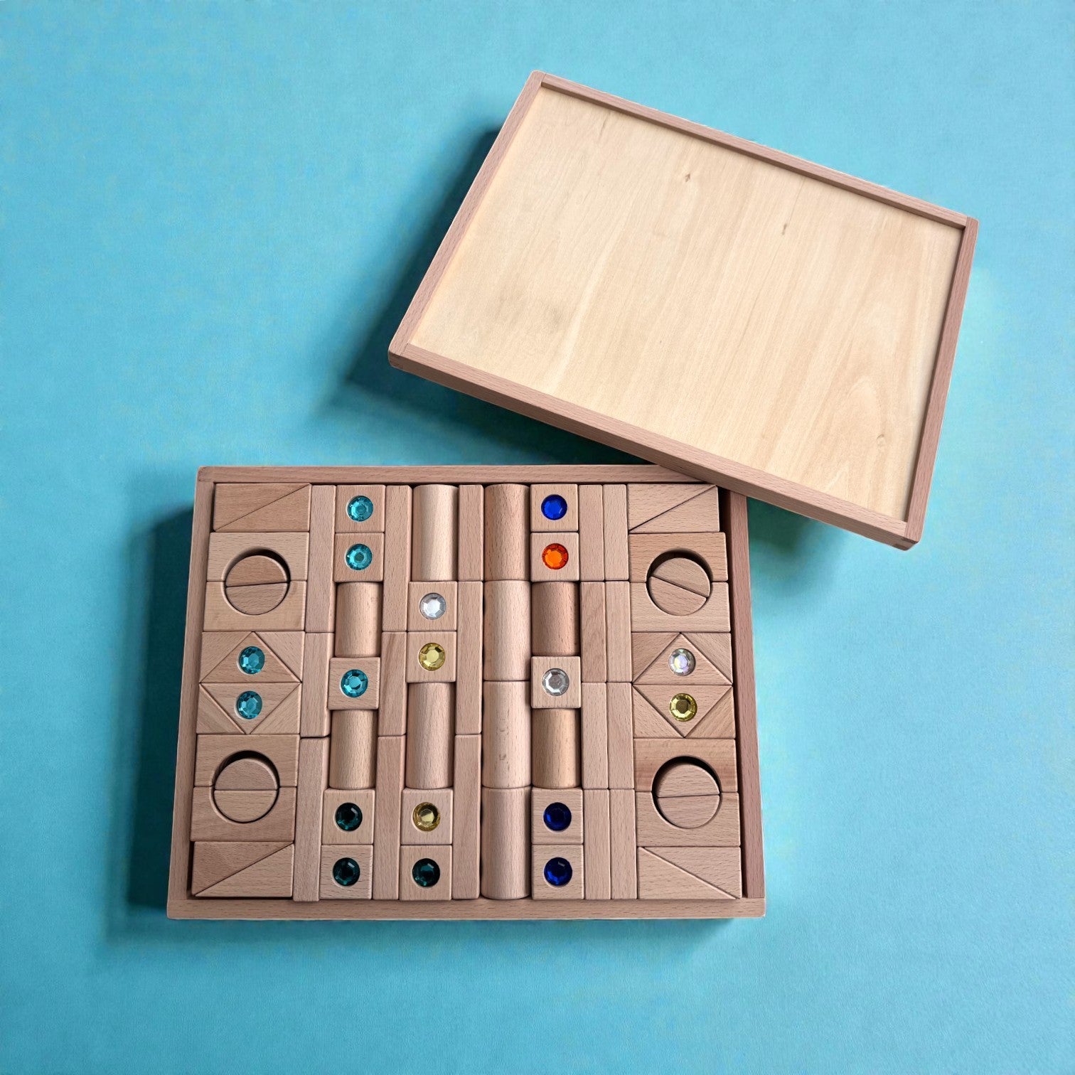 128 Piece Solid Beech Wood Gemstone Building Block Set with Wooden Storage Box and Lid Open Ended Construction - Image 2