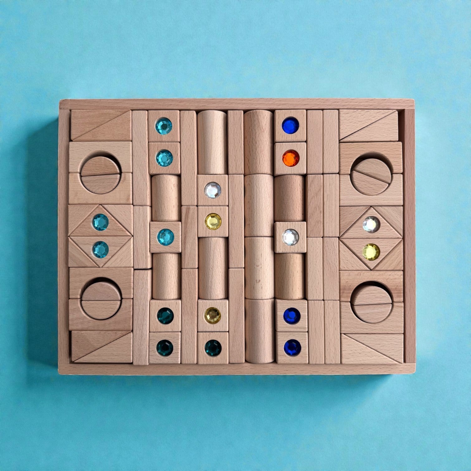 128 Piece Solid Beech Wood Gemstone Building Block Set with Wooden Storage Box and Lid Open Ended Construction - Image 4
