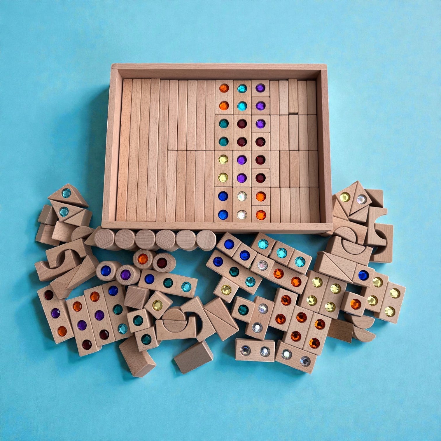128 Piece Solid Beech Wood Gemstone Building Block Set with Wooden Storage Box and Lid Open Ended Construction - Image 3