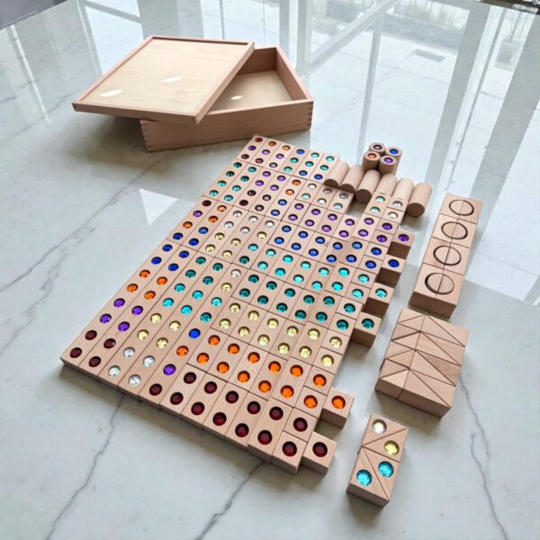 128 Piece Solid Beech Wood Gemstone Building Block Set with Wooden Storage Box and Lid Open Ended Construction - Image 6