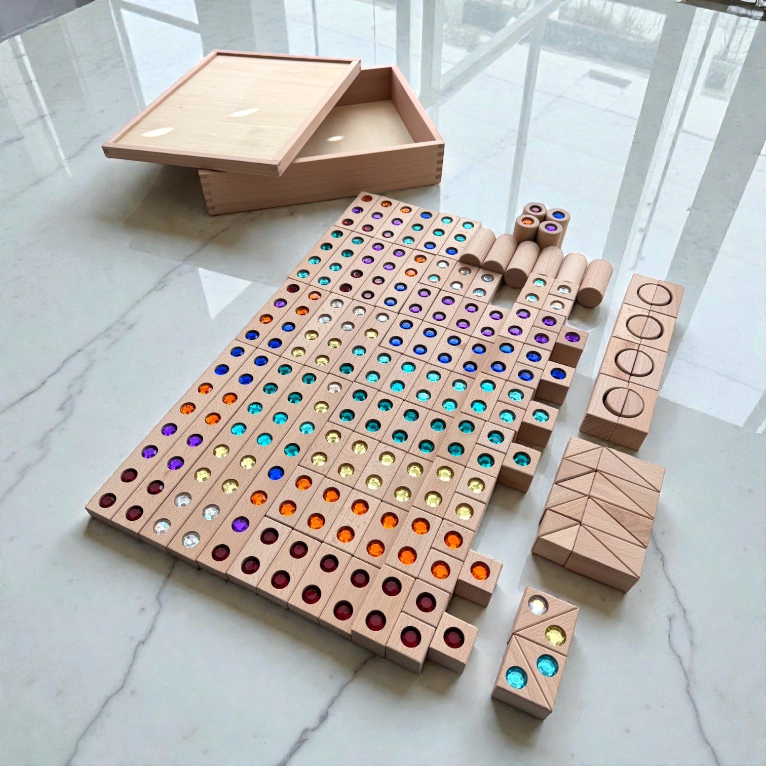 128 Piece Solid Beech Wood Gemstone Building Block Set with Wooden Storage Box and Lid Open Ended Construction - Image 6