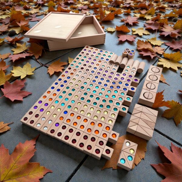 128 Piece Solid Beech Wood Gemstone Building Block Set with Wooden Storage Box and Lid Open Ended Construction - Image 10