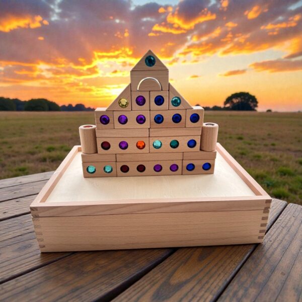 128 Piece Solid Beech Wood Gemstone Building Block Set with Wooden Storage Box and Lid Open Ended Construction - Image 14