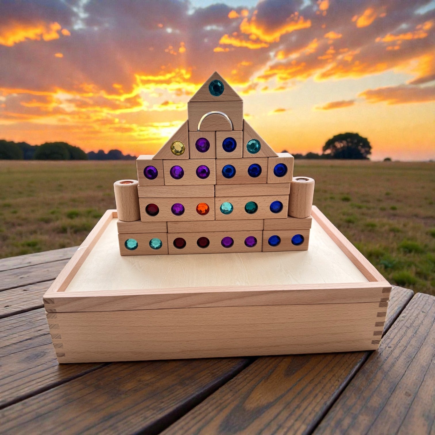 128 Piece Solid Beech Wood Gemstone Building Block Set with Wooden Storage Box and Lid Open Ended Construction - Image 14
