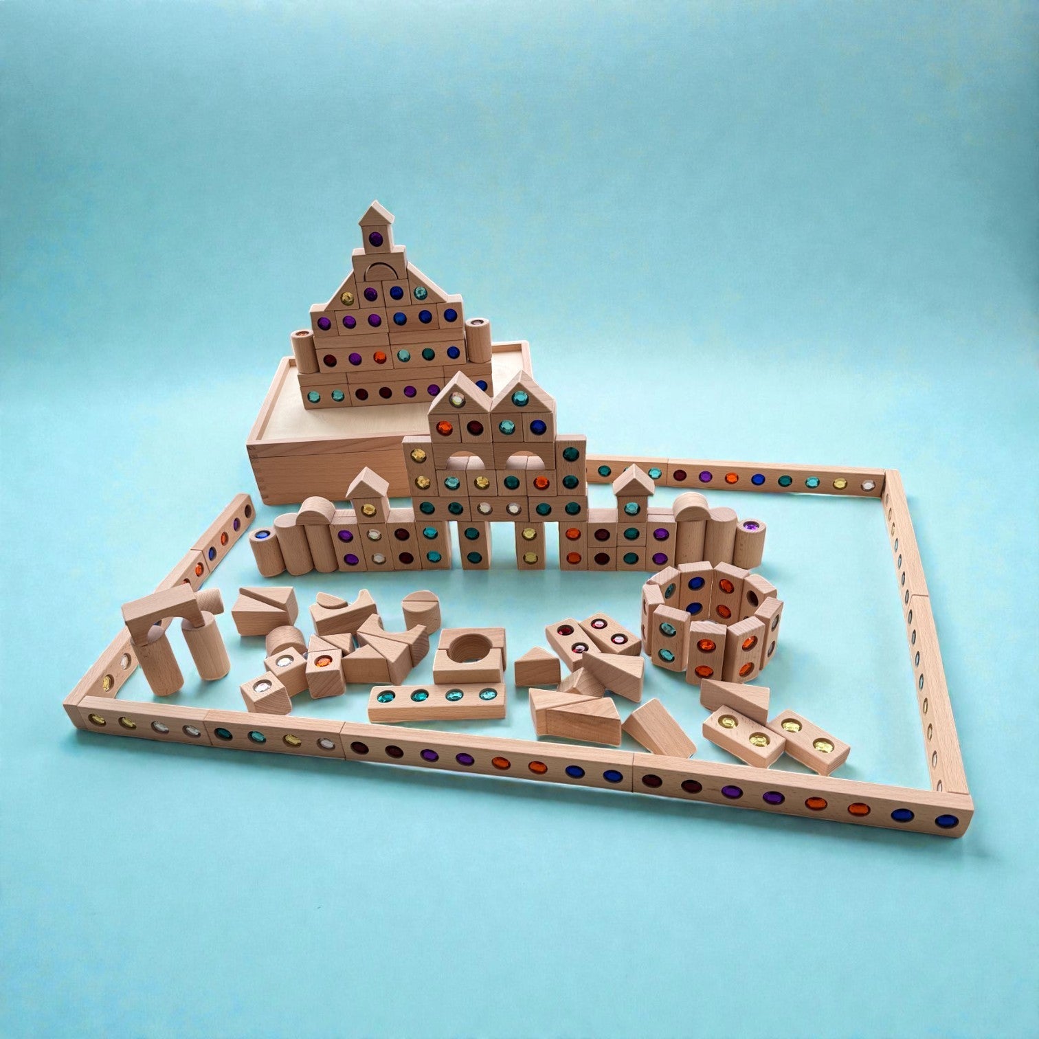 128 Piece Solid Beech Wood Gemstone Building Block Set with Wooden Storage Box and Lid Open Ended Construction - Image 1