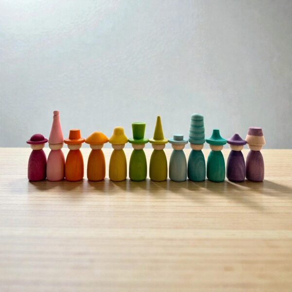 12 Piece Pastel Macaron Wooden Peg Dolls with Interchangeable Hats Open Ended Play Figures - Image 8