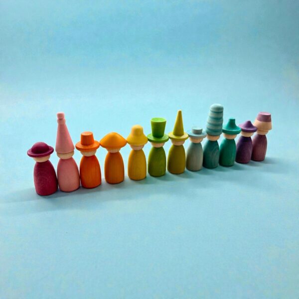 12 Piece Pastel Macaron Wooden Peg Dolls with Interchangeable Hats Open Ended Play Figures - Image 2