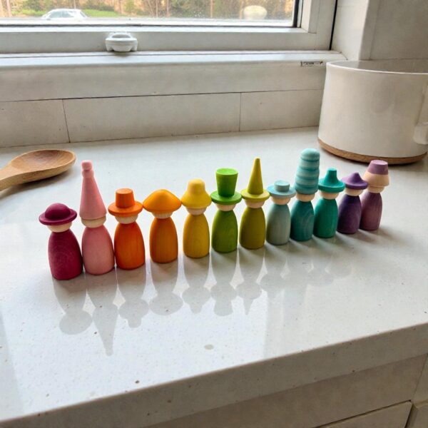 12 Piece Pastel Macaron Wooden Peg Dolls with Interchangeable Hats Open Ended Play Figures - Image 15