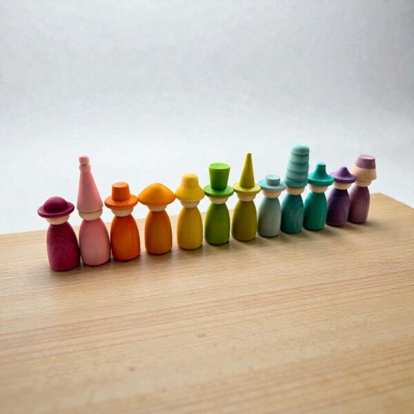 12 Piece Pastel Macaron Wooden Peg Dolls with Interchangeable Hats Open Ended Play Figures - Image 7