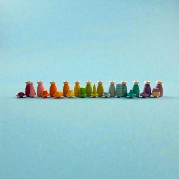 12 Piece Pastel Macaron Wooden Peg Dolls with Interchangeable Hats Open Ended Play Figures - Image 3