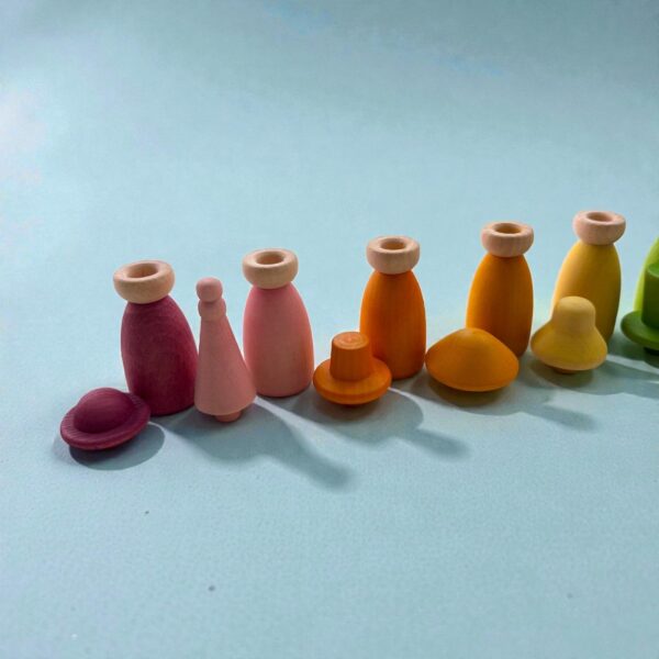 12 Piece Pastel Macaron Wooden Peg Dolls with Interchangeable Hats Open Ended Play Figures - Image 4