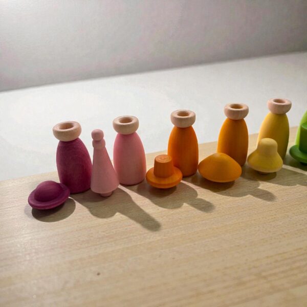 12 Piece Pastel Macaron Wooden Peg Dolls with Interchangeable Hats Open Ended Play Figures - Image 10
