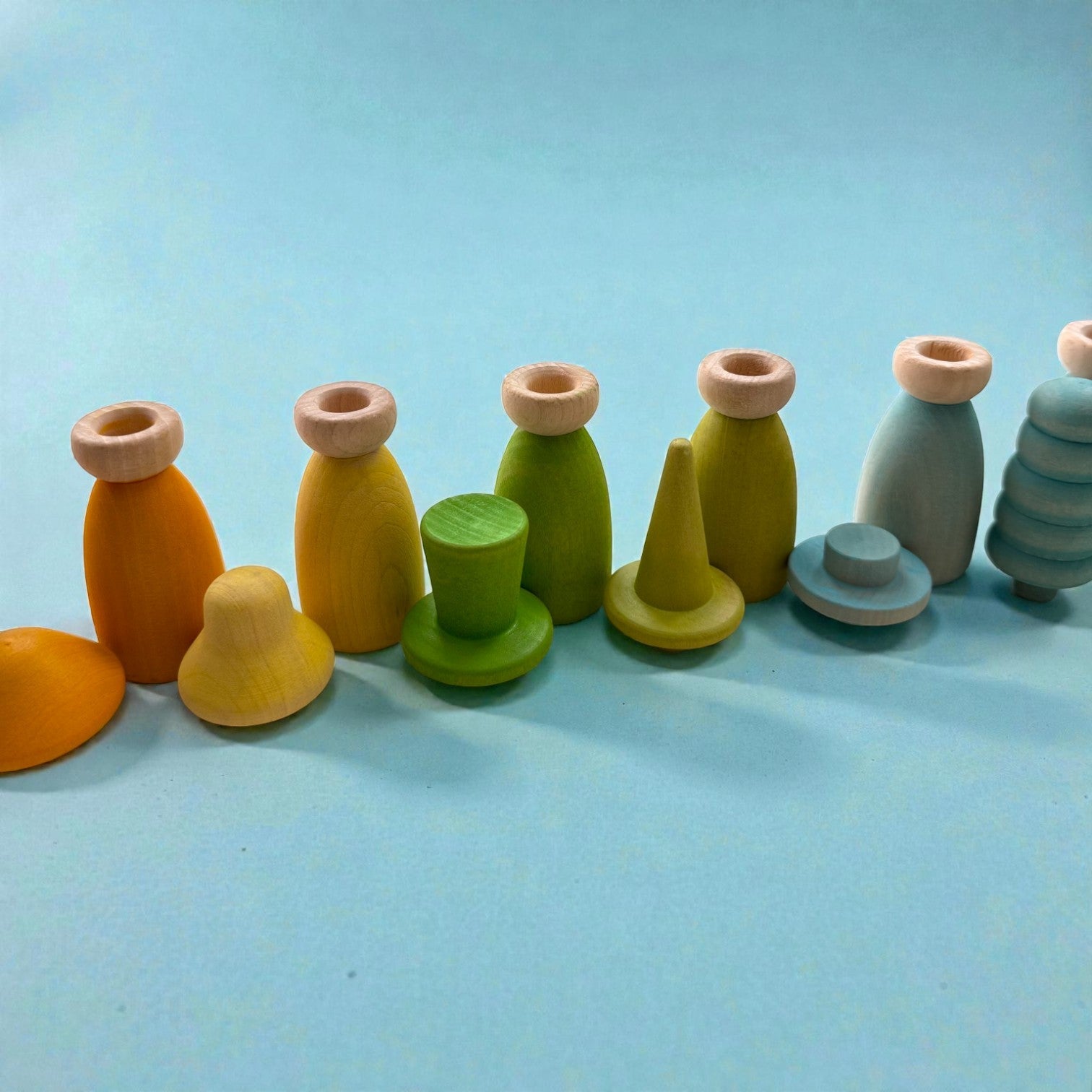 12 Piece Pastel Macaron Wooden Peg Dolls with Interchangeable Hats Open Ended Play Figures - Image 5