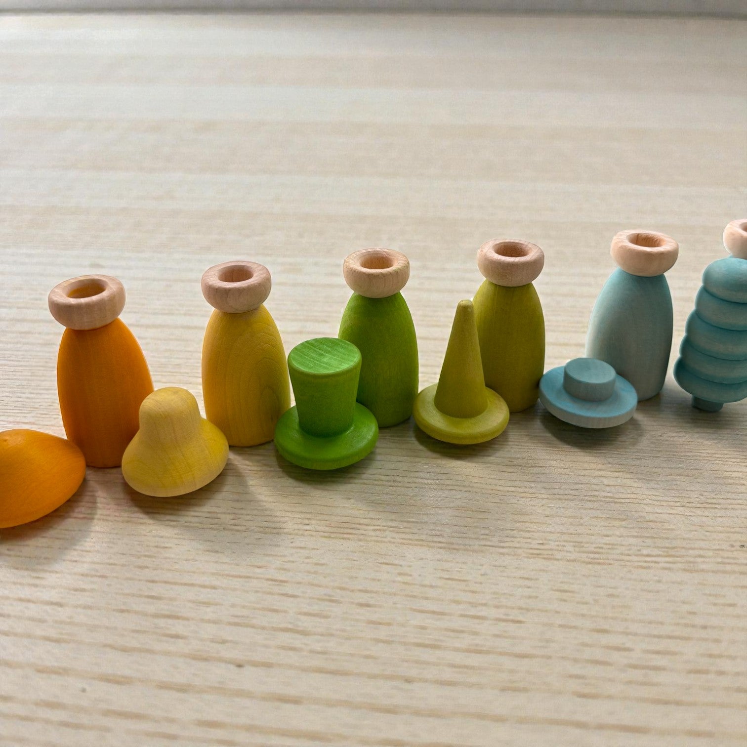12 Piece Pastel Macaron Wooden Peg Dolls with Interchangeable Hats Open Ended Play Figures - Image 11