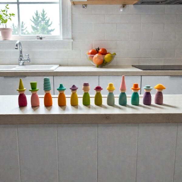 12 Piece Pastel Macaron Wooden Peg Dolls with Interchangeable Hats Open Ended Play Figures - Image 13