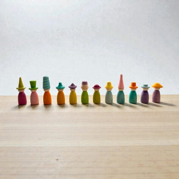 12 Piece Pastel Macaron Wooden Peg Dolls with Interchangeable Hats Open Ended Play Figures - Image 9