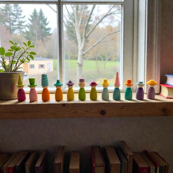 12 Piece Pastel Macaron Wooden Peg Dolls with Interchangeable Hats Open Ended Play Figures - Image 12
