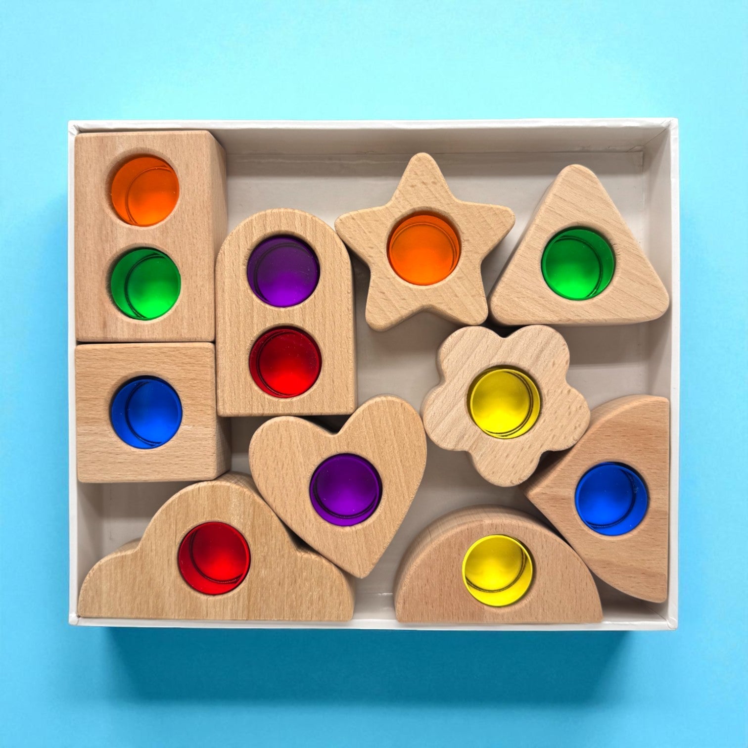 Wooden Shapes with Removable Crystal Windows – 10 Blocks + 12 Rainbow Acrylic Inserts - Image 1