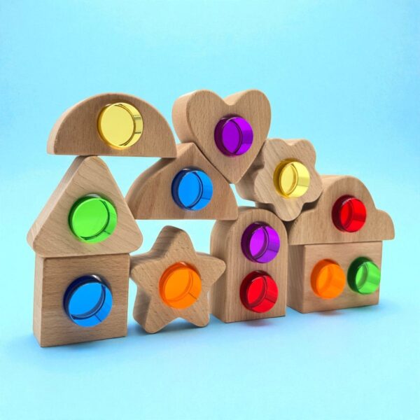 Wooden Shapes with Removable Crystal Windows – 10 Blocks + 12 Rainbow Acrylic Inserts - Image 2
