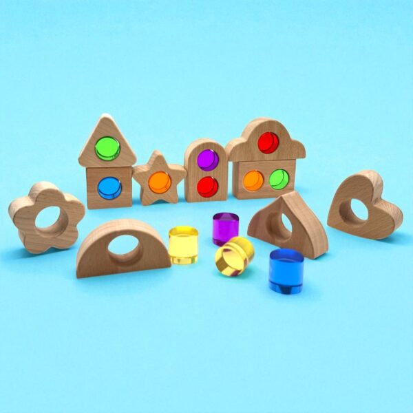 Wooden Shapes with Removable Crystal Windows – 10 Blocks + 12 Rainbow Acrylic Inserts - Image 3