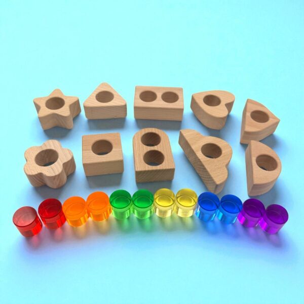Wooden Shapes with Removable Crystal Windows – 10 Blocks + 12 Rainbow Acrylic Inserts - Image 4