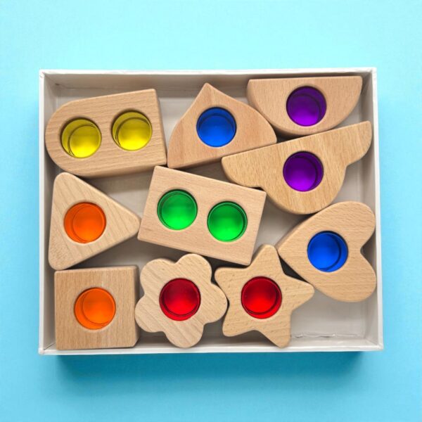 Wooden Shapes with Removable Crystal Windows – 10 Blocks + 12 Rainbow Acrylic Inserts - Image 5