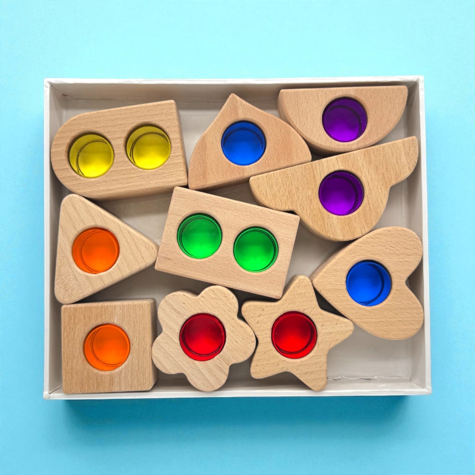 Wooden Shapes with Removable Crystal Windows – 10 Blocks + 12 Rainbow Acrylic Inserts - Image 5