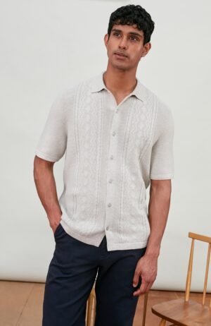 10034 oatmeal m el model mens cotton patterned shirt 5 1