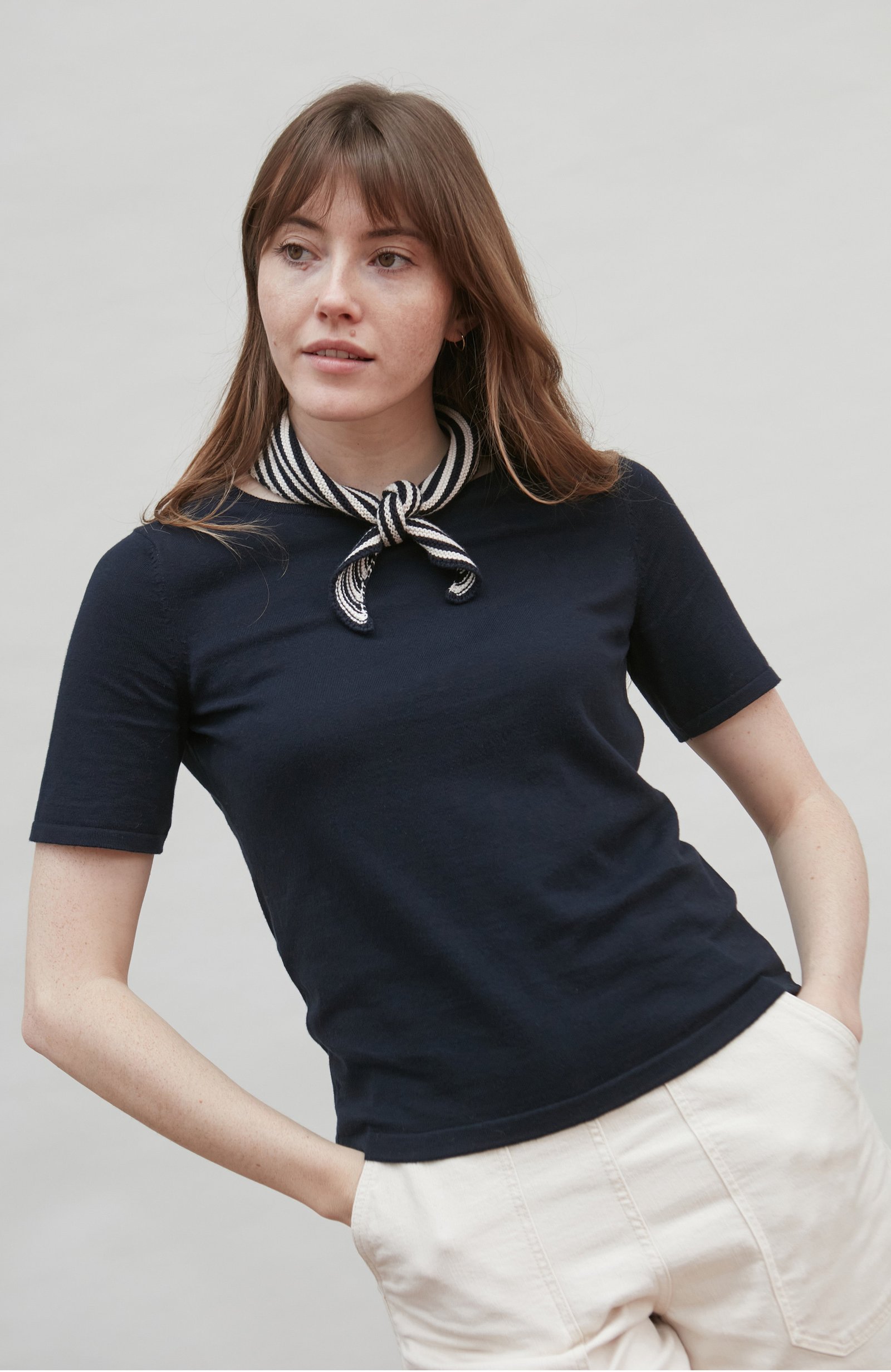 10058 navy ecru model cotton garter knit striped mini neckerchief 7 2 10058 navy ecru model cotton garter knit striped mini neckerchief 7 2