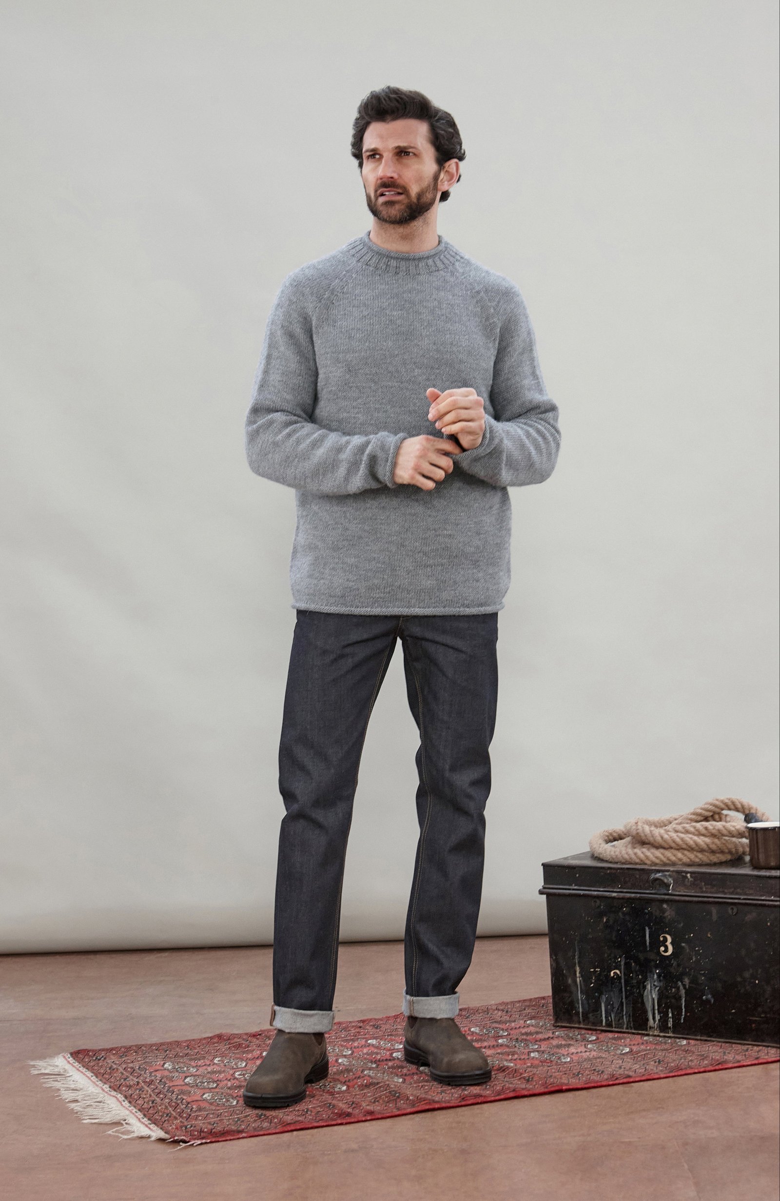 10139 seal grey m el model mens british wool fishermans crew neck jumper 1 10139 seal grey m el model mens british wool fishermans crew neck jumper 1