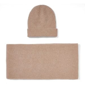 1018 camel unisex cashmere beanie hat and scarf set front flat