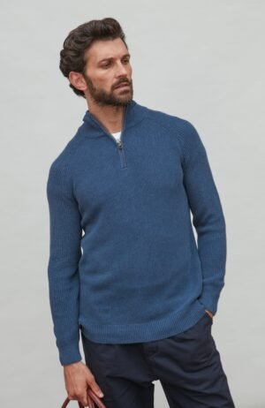 1576 blue melange m el model mens cotton midweight quarter zip neck jumper 4 1
