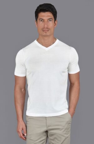 16277 white m model mens mercerised cotton v neck t shirt 2