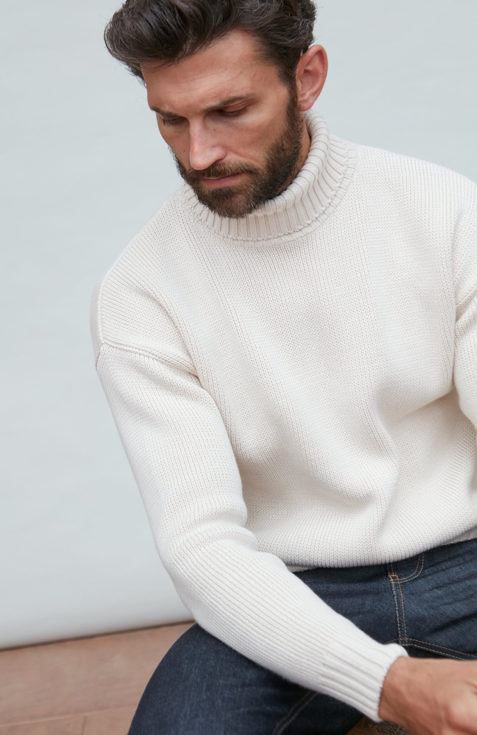 2195 ecru m el model men cotton submariner roll neck jumper 11 2195 ecru m el model men cotton submariner roll neck jumper 11