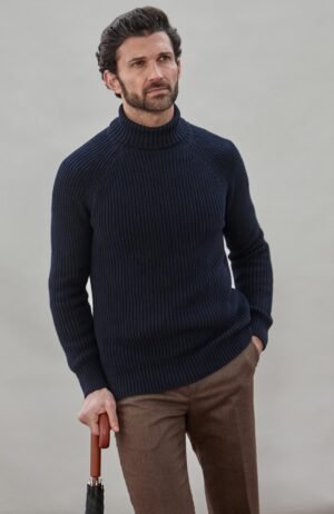 3312 navy m el model mens cotton fisherman rib knit roll neck jumper 4 be8b3f9e b2ee 442f 8d59 53021bc40683 1