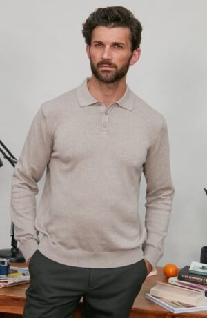 3476 fawn l el model mens cotton long sleeve knitted polo shirt 4