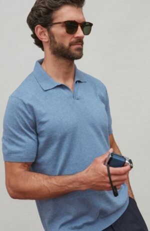 3514 denim blue l model mens cotton open placket short sleeve polo shirt 7