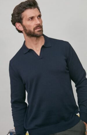 3599 navy l el model mens cotton long sleeve open placket polo shirt 4