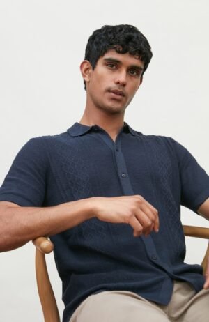 3700 navy m el model mens cotton linen patterned shirt 6 ed0c79ce fada 4068 a99a 5d164d2001ff