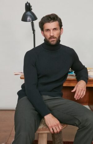 3738 black l el model mens midweight cotton ribbed roll neck jumper 3 1