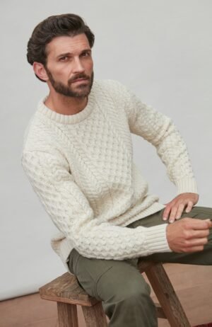 4657 ecru l el model mens british wool fisherman cable jumper 6
