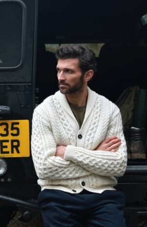 6829 ecru lo model mens chunky merino cable shawl collar cardigan 42a
