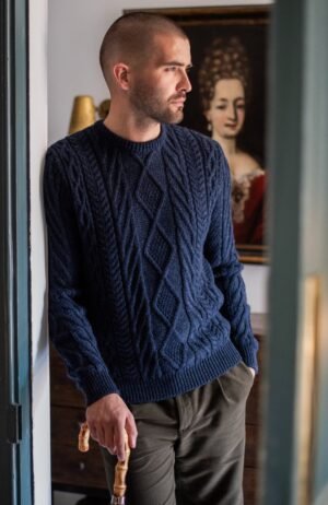 6852 navy blue melange lo model mens chunky merino diamond cable jumper 4b 1