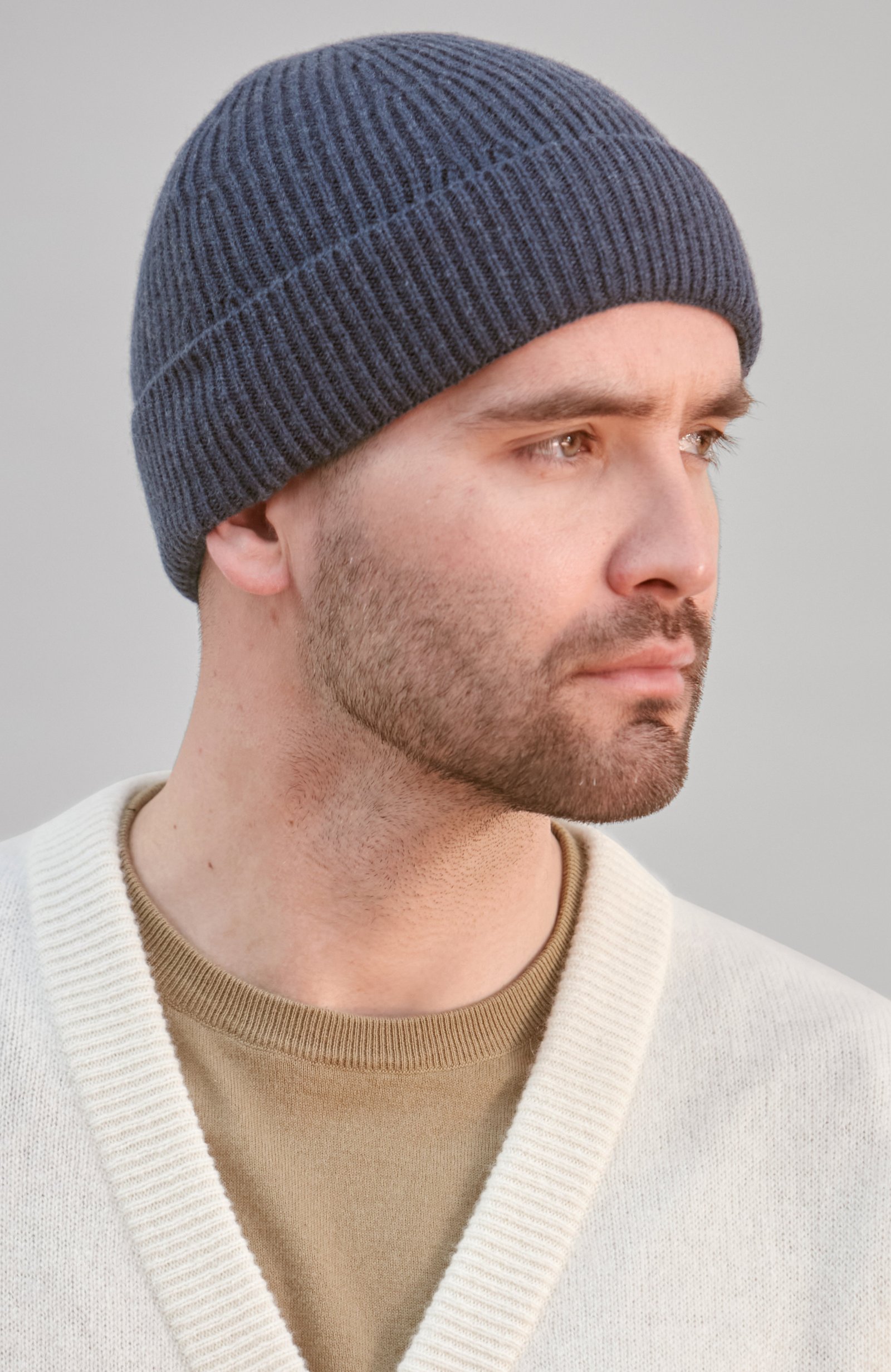 9040 denim model mens lightweight merino cashmere single fold ribbed beanie 1 9040 denim model mens lightweight merino cashmere single fold ribbed beanie 1