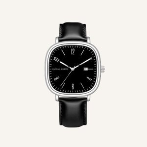 mens retro leather watch outline black silver